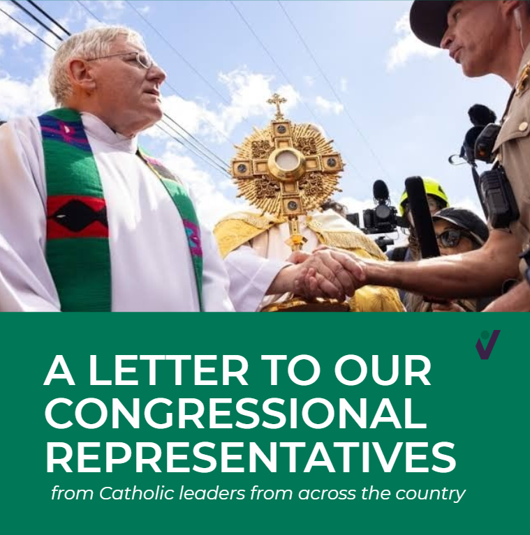A priest shaking a man's hand accompanied by the CVN logo and the following caption: A Letter to Congressional Representatives from Catholic leaders from across the country